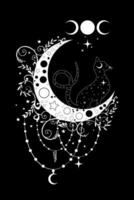 Mystical black cat over celestial crescent moon and triple goddess, witchcraft symbol, witchy esoteric logo tattoo. Vector esoteric wiccan clipart in boho style isolated on black background