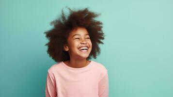 AI generated Laughing Black Girl isolated on Minimalist Background. DEIB, Diversity, Equity, Inclusion, Belonging photo