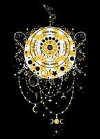 solstice and equinox circle, wheel of moon phases with dates and names. Gold luxury floral crescent moon in boho style. Lucky pagan oracle of the Wiccan witches, vector isolated on black background