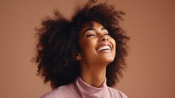 AI generated Laughing Black Woman isolated on Minimalist Background. DEIB, Diversity, Equity, Inclusion, Belonging photo