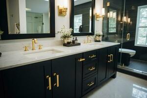 AI generated Beautiful Bathroom black Double Vanity in New Home photo