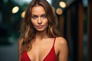 AI generated girl with red v neck dress photo
