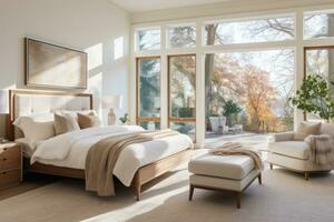 AI generated beautiful bedroom in new luxury home with large window photo