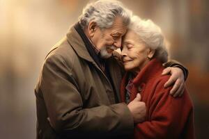 AI generated senior citizen couple holding each other photo