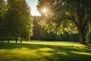 ai generado hermosa borroso antecedentes imagen de primavera naturaleza con un pulcramente recortado césped rodeado por arboles en contra un azul cielo con nubes en un brillante soleado. foto