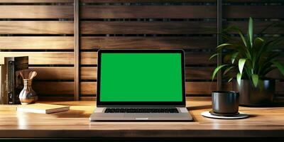 AI generated workstation setup, laptop on desk, horizontal view layout mockup with green screen laptop photo