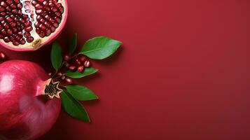 AI generated Pomegranate Fruit, minimalist layout style, top view of Pomegranate isolated on colored background photo