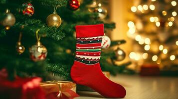 AI generated abstract christmas background, socks and tree, light circles, gifts, on the mood for celebrate photo