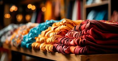 AI generated Clothing store, display cases and racks with clothes - AI generated image photo