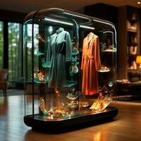 AI generated Clothing store, display cases and racks with clothes - AI generated image photo