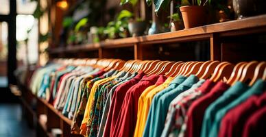 AI generated Clothing store, display cases and racks with clothes - AI generated image photo