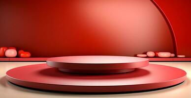 AI generated Empty podium pedestal, red background stand for product, goods. Shelf with product advertising - AI generated image photo