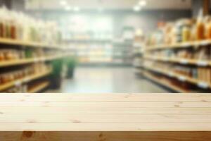 ai generado vacío de madera mesa en borroso supermercado antecedentes. vacío mesa para producto presentación foto