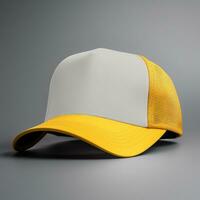 AI generated Yellow and white trucker hat mockup, Front side view photo