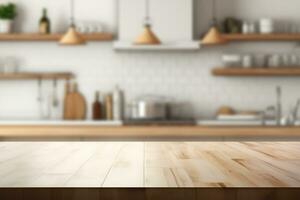 AI generated Empty wooden table countertop for product display with blurred kitchen background photo