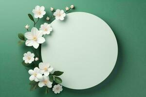 AI generated Round podium with flower blooming on green background for product display photo