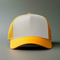 AI generated Yellow and white trucker hat mockup, front view photo