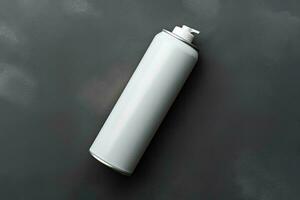 AI generated Blank white spray can mockup on dark grey background. Top view photo