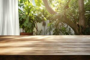 ai generado vacío de madera mesa con blanco cortina y patio interior antecedentes. vacío mesa para producto monitor foto