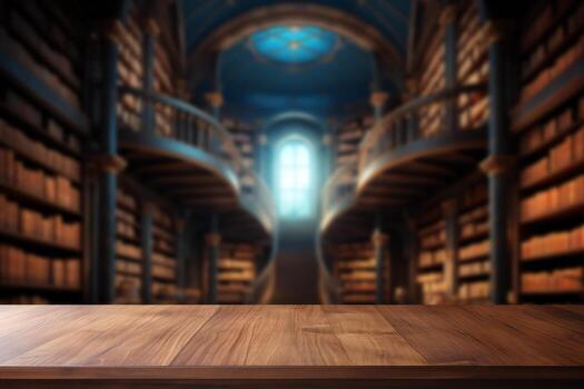 AI generated Empty wooden table top for product display with library background photo