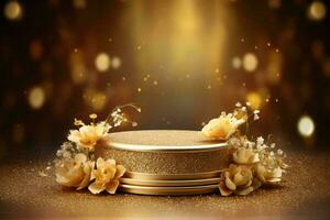 AI generated Gold cylinder podium with flowers on blurred sparkle and bokeh background photo