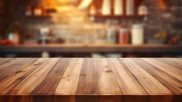 AI generated Wooden table top on blurred kitchen background. Free space for your design and product display photo