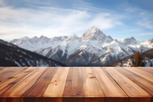 AI generated Empty wooden table with snow mountain background. Empty table for product display photo
