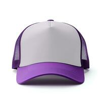 AI generated Purple and white trucker hat mockup, Front view photo