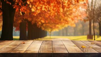 AI generated Empty wooden table for product display with autumn trees background photo