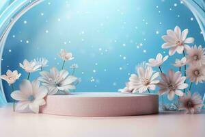 AI generated Podium display with beautiful flowers on pastel blue background with sparkle photo