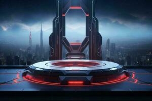 AI generated Futuristic podium stage with red light on cityscape background, Sci-Fi cyber concept photo