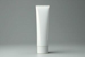 AI generated Blank white cosmetic tube standing on grey background photo
