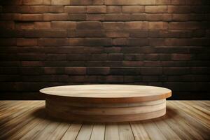 AI generated Wooden cylinder podium on plank floor in front of brick wall. Can be used for display your product photo