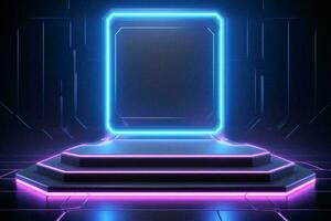 AI generated Futuristic podium stage for product presentation with neon light, Sci-Fi cyberpunk concept photo