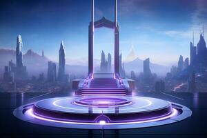 AI generated Futuristic round podium with modern and futuristic cityscape background, Sci-Fi concept photo