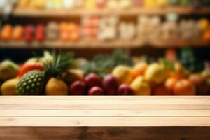 AI generated Wooden table top with fruits on blurred supermarket shelves background. Empty table for product display presentation photo