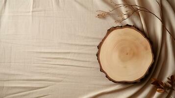 AI generated Tree trunk podium with twig on beige silk fabric. Background for cosmetic product with copy space photo