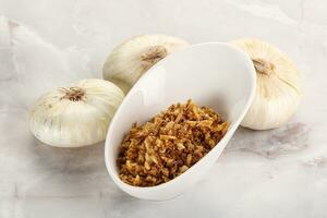 Dried roasted onion flakes for culinary photo