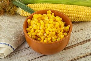 Canned yellow corn in the bowl photo