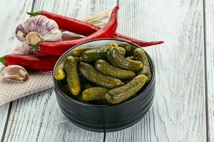 Marinated small cucumbers in the bowl photo