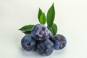 Raw purple plums heap with leaves photo