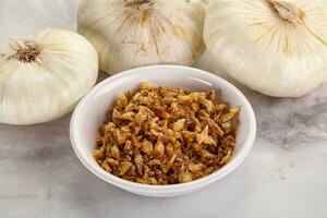 Dried roasted onion flakes for culinary photo