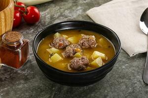 Soup with beef meatball and vegetables photo