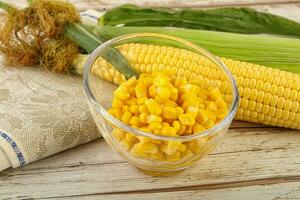 Canned yellow corn in the bowl photo