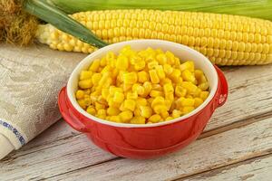 Canned yellow corn in the bowl photo