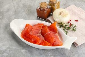Salted raw salmon fillet appetizer photo