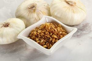 Dried roasted onion flakes for culinary photo