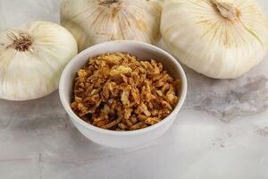 Dried roasted onion flakes for culinary photo