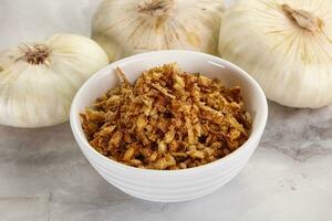 Dried roasted onion flakes for culinary photo