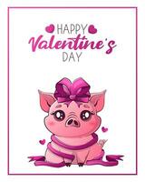 Valentine's Day card with cute kawaii pig. Inscription Happy Valentine's Day. Vector illustration for banner, poster, card, postcard.